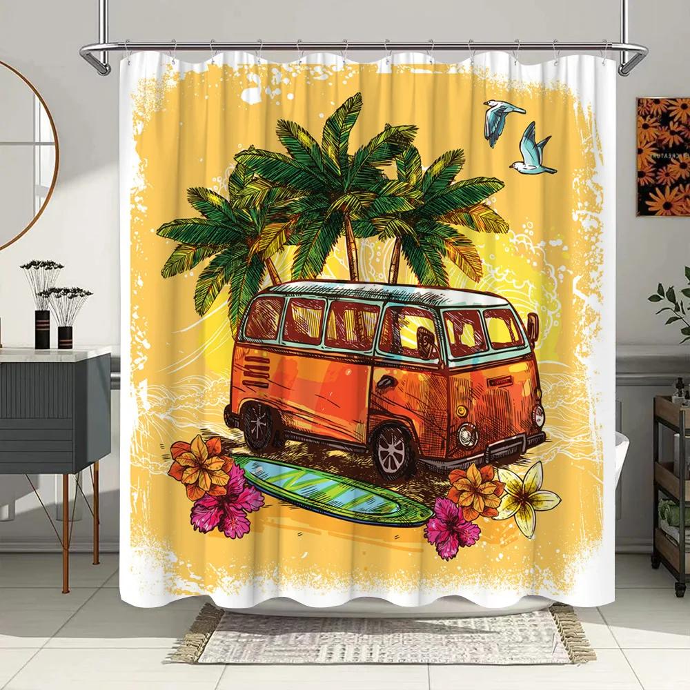 Shower Curtain Funny Shower Curtains for Bathroom Vintage Summer Holiday Retro Bus Camper Van Shower Curtains Surfboard Palm