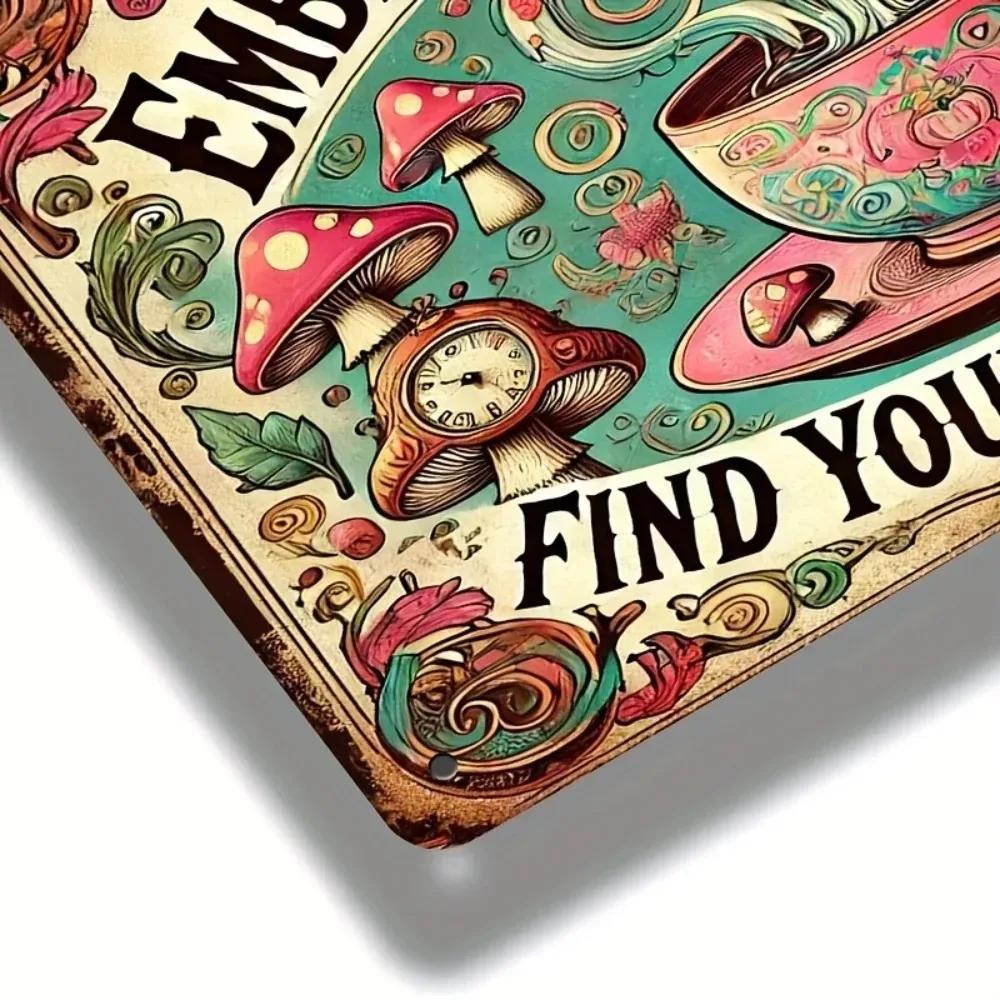 WhimsyVibeCo Colorful Metal Decor | "Embrace the Madness" Tin Sign with Tea Party Mushrooms, Ideal for Cafes & Rustic Farmhouses