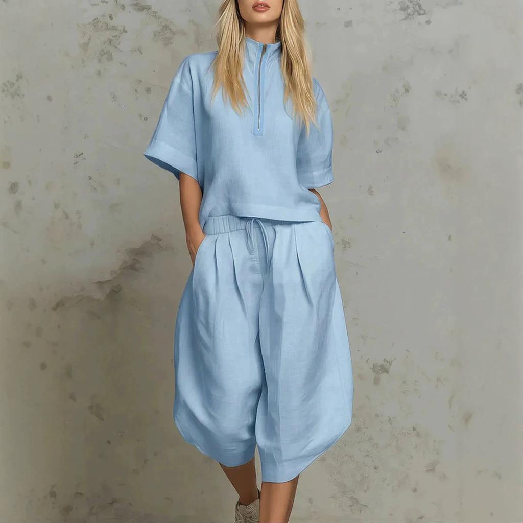 European and American Cross-border Women's Clothing Summer Casual Suit Semi-zipper Shirt Short-sleeved Top Drawstring Wide-leg Cropped Pants Two-piece