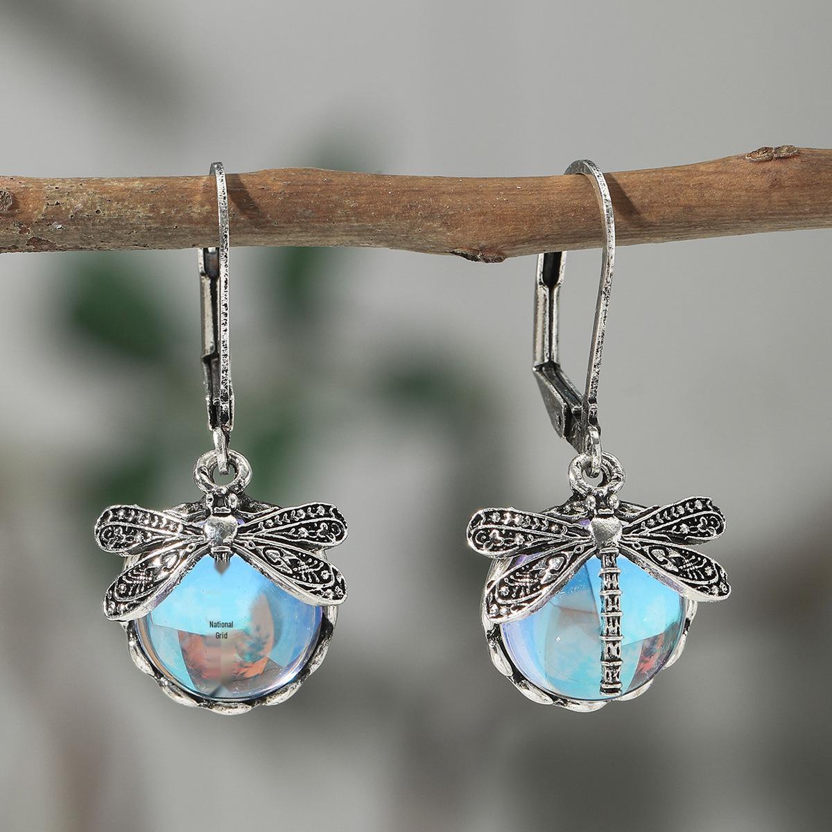 Retro Dragonfly Green Crystal Pendant Earrings for Women - Bohemian Party Jewelry ab