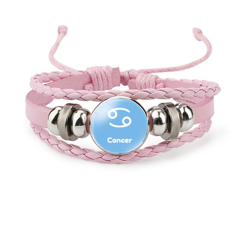 Trendy Pink Leather Braided Bracelet With Zodiac Time Gemstone For Men And Women