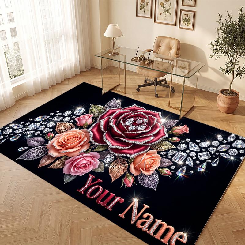 Floral Garden Theme Soft Crystal Velvet Rug Custom Name & Text Print Non Slip Floor Rug for Bedroom Living Room