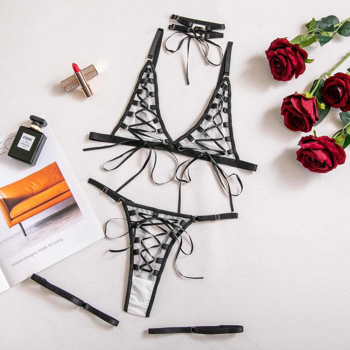 

Эротическое женское белье, женский сексуальный перспективный ремешок с крестом, трехточечный комплект для шеи, комплект из четырех предметов L чёрный