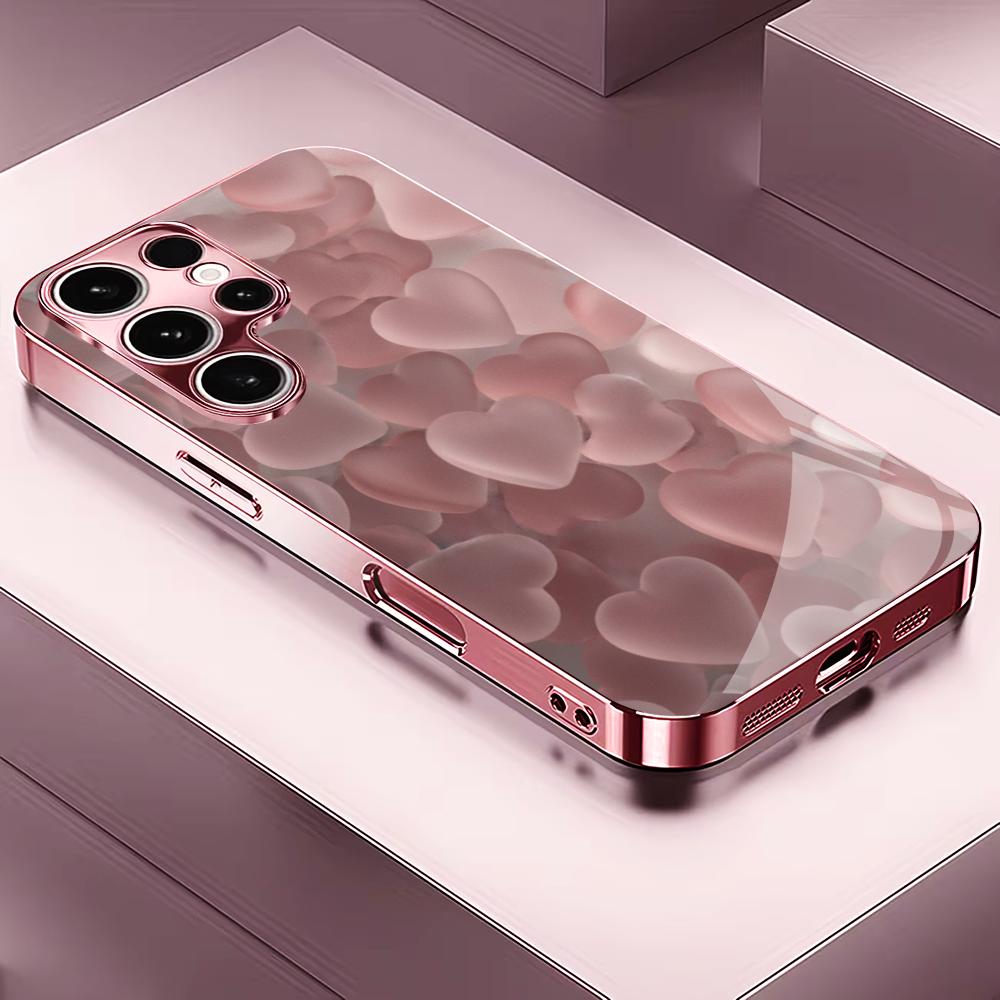 Pink heart-shaped glass phone case suitable for Samsung Galaxy S26 S25 S24 S23 S22 S20 FE/Ultra/Plus anti drop back cover