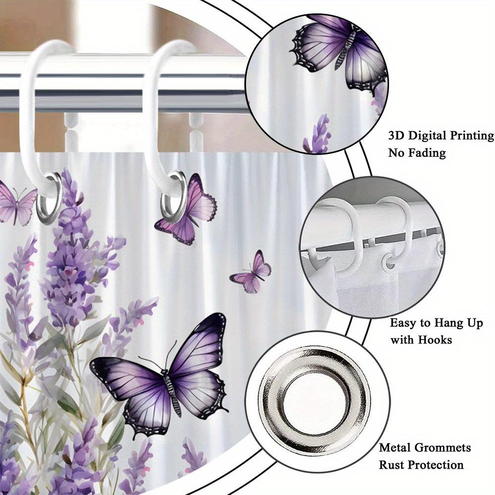 1Pc Lavender Flowers And Purple Butterfly Watercolor Style Shower Curtain, Polyester Fabric, Suitable For Bathroom