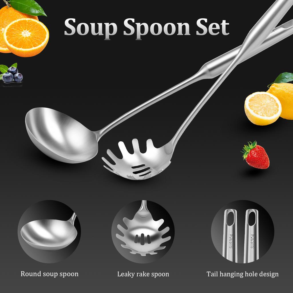 2Pcs Soup Ladle and Spaghetti Spoon Set 304 Stainless Steel Spaghetti Server Set with Ergonomic Handle for Cooking Stirring