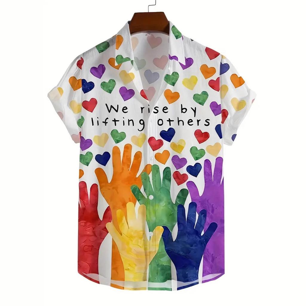 Trendy Short-sleeve Shirt with Love & Heart Prints, Casual and Versatile for Daily Wear.