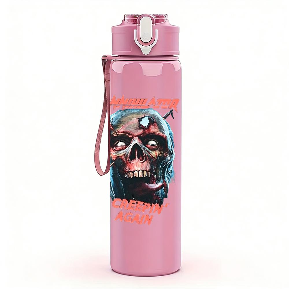 1PC Retro red masked figure band print 750ml colorful plastic sports water bottle leakproof pop up lid with straw for outdoor work home use