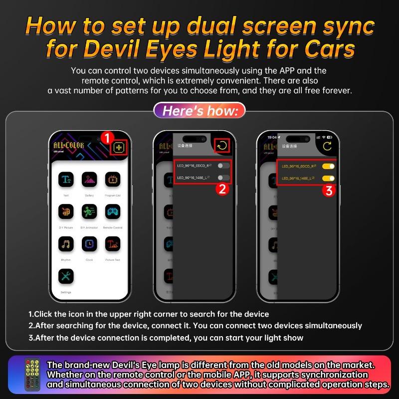 2PCS Devil Eyes Light LED Matrix Pixel Panel Dynamic Scrolling Text LED Screen Remote APP Control Waterproof for Car Windshield