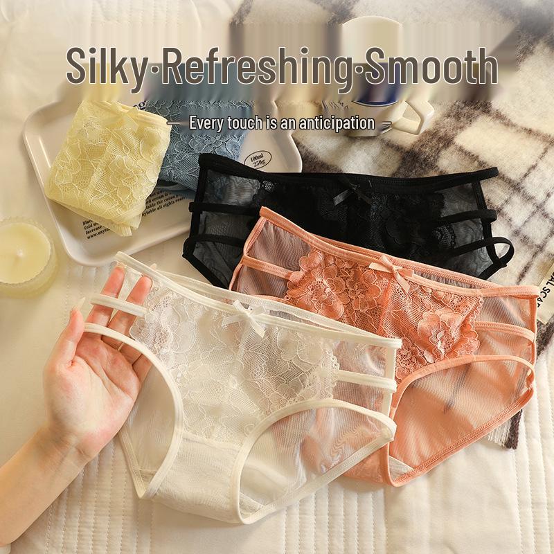 Damen Spitzen-Tanga im japanischen Stil: Hohle Netz-Mid-Waist, Bequeme & Atmungsaktive Baumwoll-Schritt-Slips.