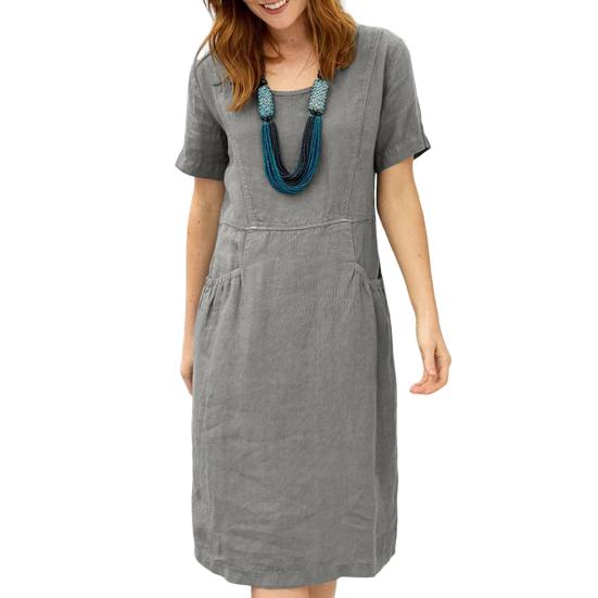 Sukienka damska O Neck Jednolity kolor Długość do kolan Luźne krótkie rękawy Boczne kieszenie Linia A