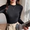 Autumn and Winter Velvet White Small Stand-up Collar Bottoming Shirt for Women with Thread Design, Slim Fit and Brushed Long-sleeved T-shirt Top