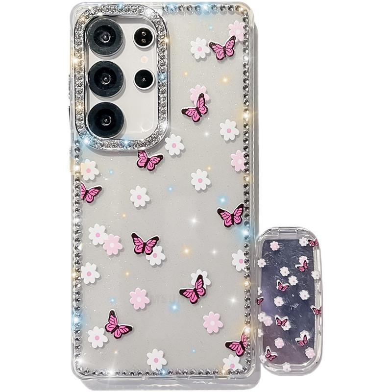 The Flash Diamond Frame Is Suitable for Samsung S25Ultra Mobile Phone Case, Painted Flower Butterfly Mirror Holder, New A56 Case.