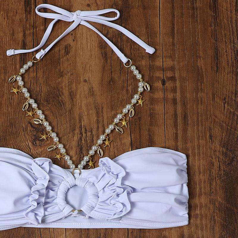 Beach Sexy Rückenfreie High Waist Bikinis Neuer Sommer Bikinis Set Sexy Kette Plissiert Solide Bikinis 3-teiliges Set Damen Bademode