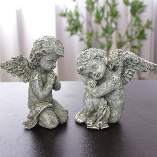 2Pcs Cherub Statues Angel Garden Memorial Decorations Waterproof UV Resistant Indoor Outdoor Adorable Sculptures Resin Angel Decor