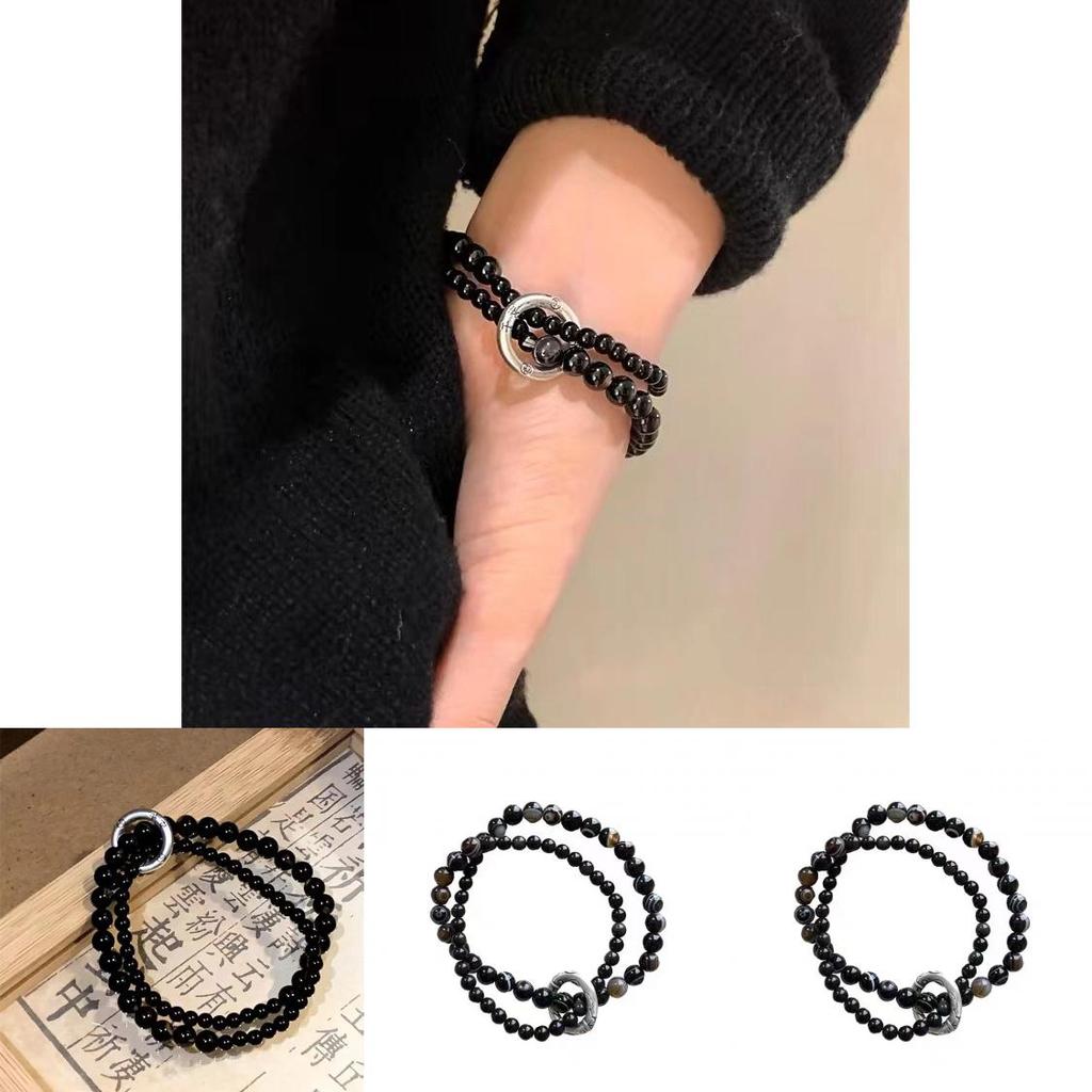 Elegant Black Beaded Bracelet For Men And Women With Handmade Alloy Double Circle Design