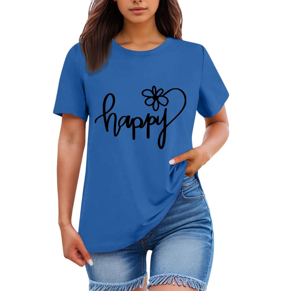 Ladies' Loose Comfortable Casual Fashionable “Happy”Character Printed Round Neck Short Sleeved Shirt
