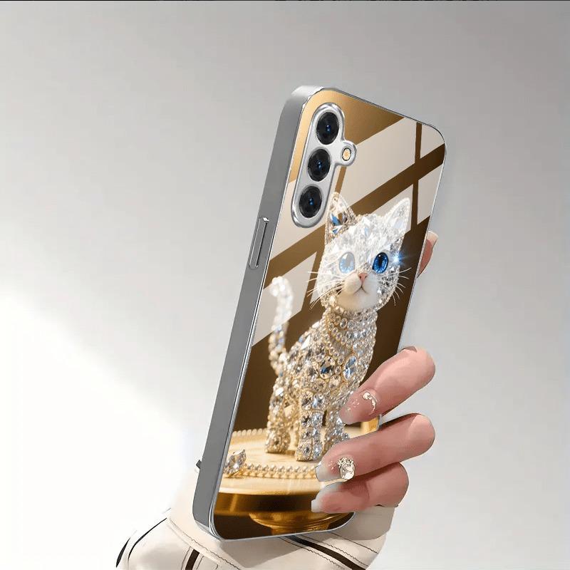 Sparkling Diamond Cute Cat Electroplated Silver Phone Case For Samsung Galaxy S25 S24 S23 Ultra Plus FE Tempered Glass Cover