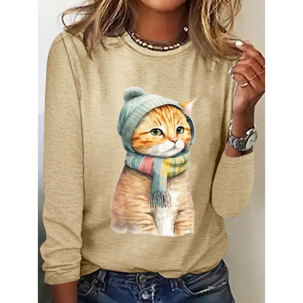 Rundhals 3D-bedrucktes Katzenmuster Top Modische Lässige Langarm Damen T-Shirts