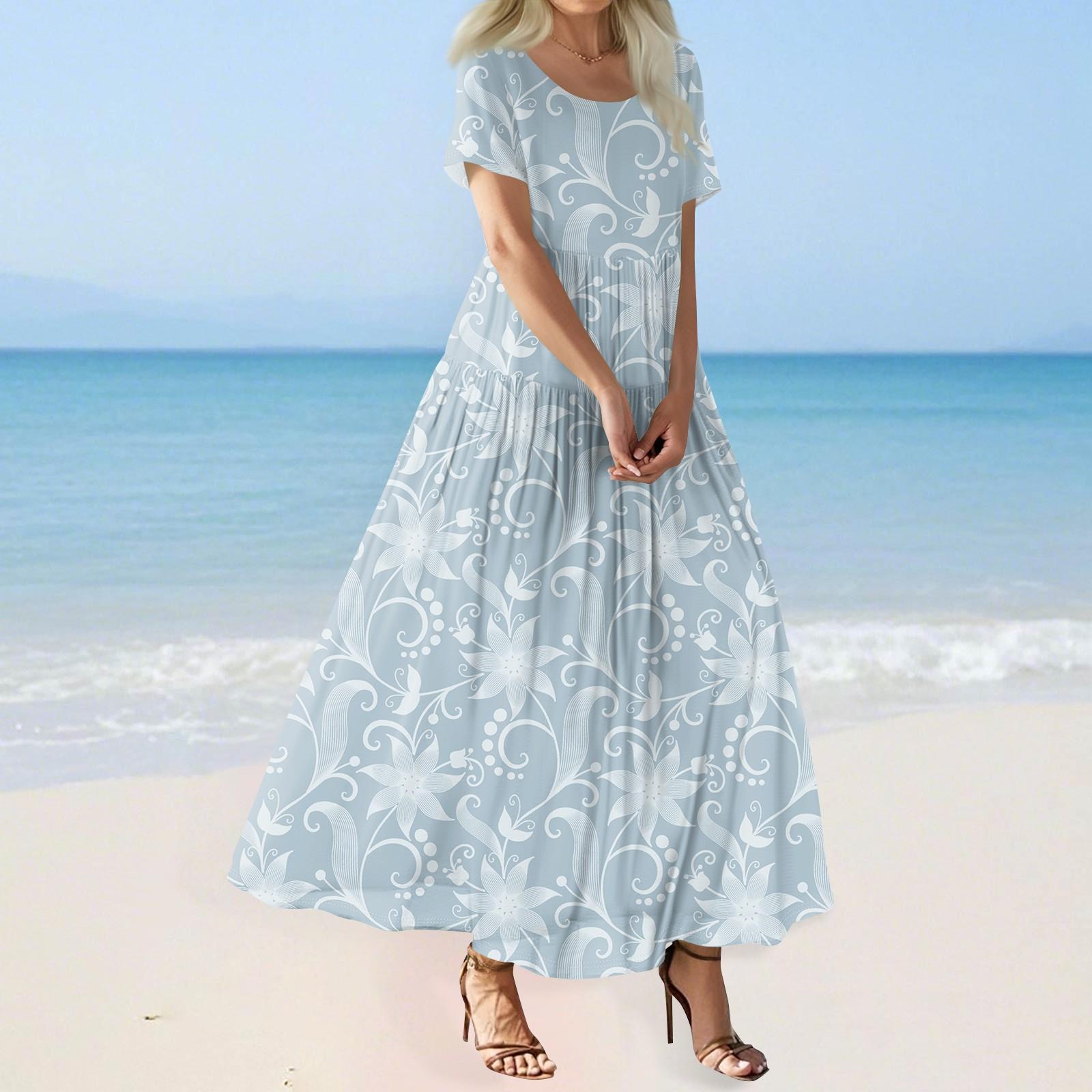 

Женское летнее повседневное платье макси с цветочным принтом, короткими рукавами, круглым вырезом, высокой талией, многослойным струящимся бохо-платьем XXL