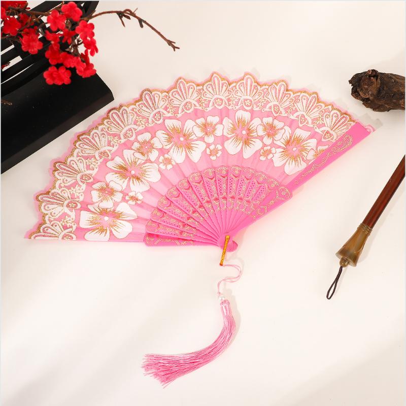 Chinese-Style Flowers Folding Fan For Performances & Hanfu Photos With Elegant Floral & Pearl Tassels Design Festive Decor