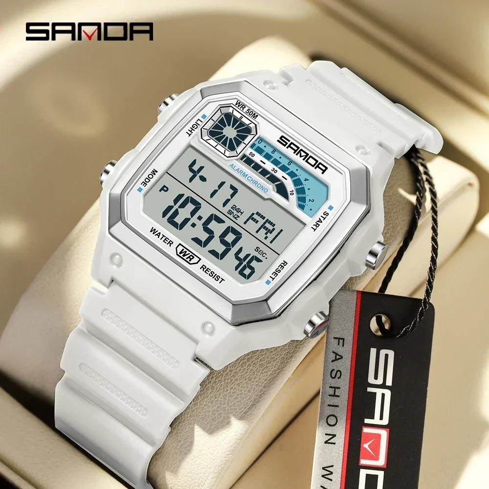 SANDA 6196 Relógio Digital Masculino Pulseira de Silicone Quadrado Eletrônico LED Alarme Contagem Regressiva Tempo Duplo À Prova d'Água Esportivo Casual