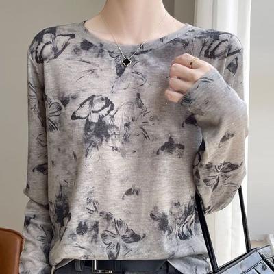T-shirt de base tricoté à manches longues imprimé pour femmes, haut ample pour le printemps et l'automne