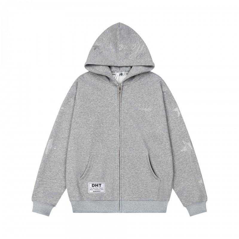 Unisex Oversized Hooded Zip-Up Sweatshirt With Star Rhinestone Embroidery Streetwear Casual Pullover Top