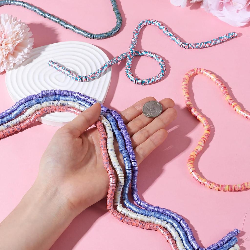 Pandahall 7 Strands 6mm Flat Polymer Clay Beads Speckled Vinyl Heishi Beads 7 Colors Pearlized Colorful Disc Clay Spacer Beads for Friendship