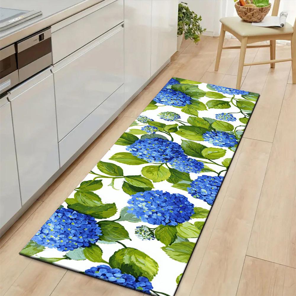 1Pcs Pastoral Style Blue Hydrangea Green Leaves Non-Slip Washable Area Rug Runner for Entryway, Living Room, Bedroom & Patio