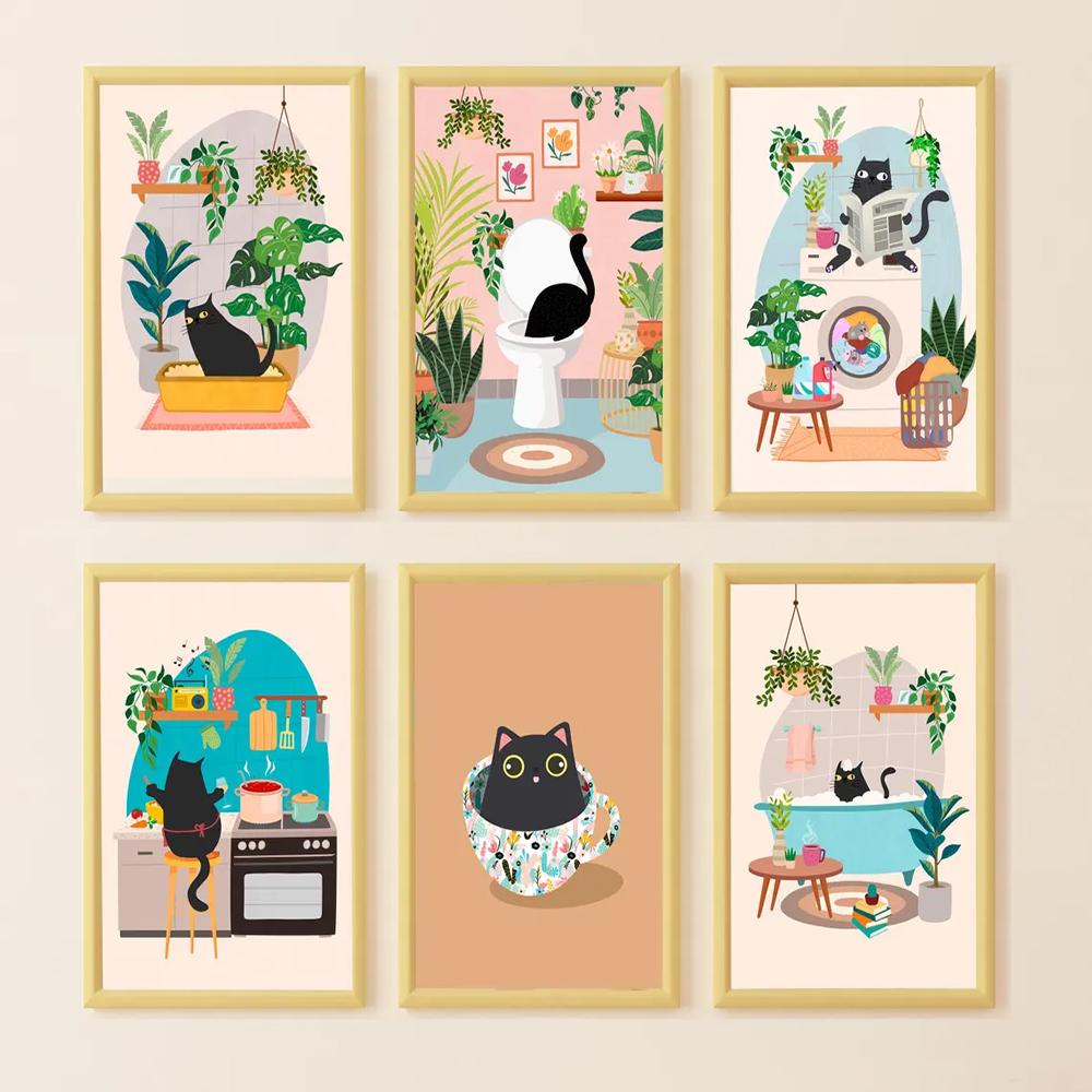 

Black Cat Bubble Bath Art Canvas Poster Funny Cat Print Bathroom Mural Abstract Wall Decoration Painting Home Gift unframed 21cm×30cm NoFrame