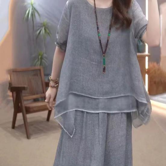 2 Pcs/Set Women Top Pants Set Round Neck Half Sleeves Irregular Hem Blouse Wide Leg Elastic Waist Wide Leg Trousers Daily Leisure Dating Outfit