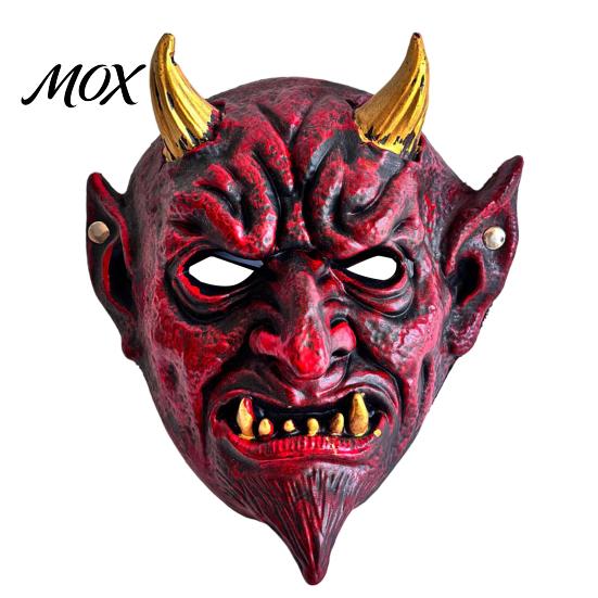 Prodyšná děsivá maska Halloween Rudý ďábel Cosplay maska, Strašidelný zlatě rohatý démon Latexová maškarní párty Maska na celou tvář pro muže dospělé