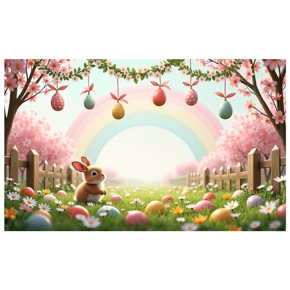 Easter Egg Background Grassland Scene Rainbow Banner Easter Banner Wooden Fence Detail Rabbit Display For Indoor Party Easter