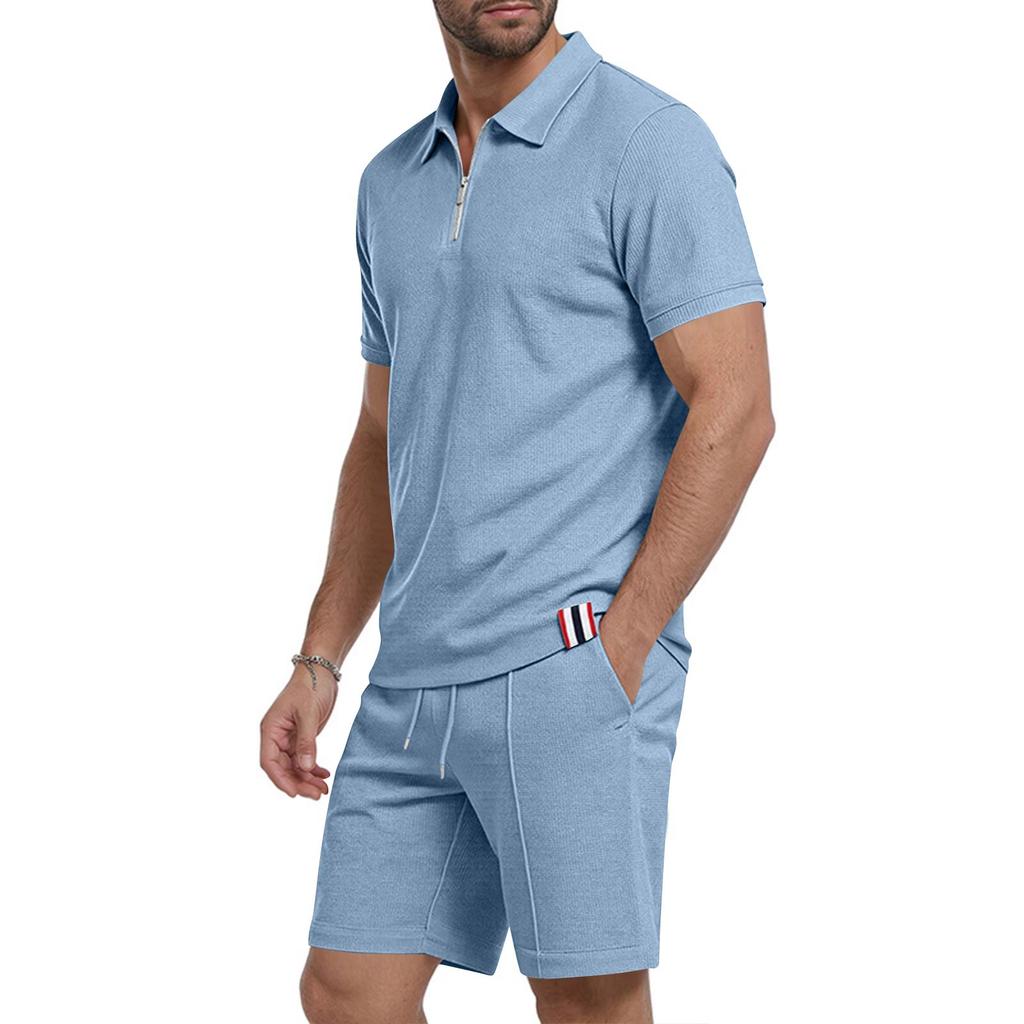 Men's Summer Breathable Waffle Knit Casual Loose Fit Two Piece Set Short Sleeve Polo Shirt with Zipper and Matching Shorts