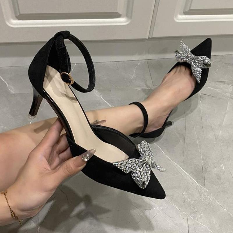 Shoes Bowknot Rhinestone Women Pumps High Heels 7 CM Stiletto Women Shoes Buckle Summer Women Sandals Luxury Party Shoes