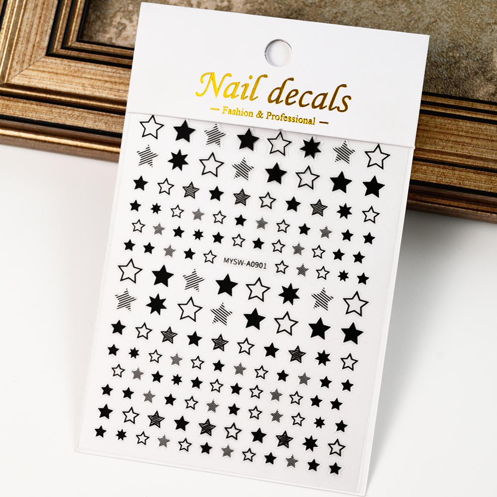 Black White Star 3D Nail Art Sticker Y2K Pentagram Self-Adhesive Decals Laser Shiny Glitters Starlight Manicure Ornaments Slider