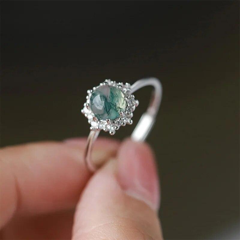 Luxurious Natural Stone Texture Different Green Moss Grass Agate Vouple Flower Ring For Women Sterling S925 Silver Gift Jewelry