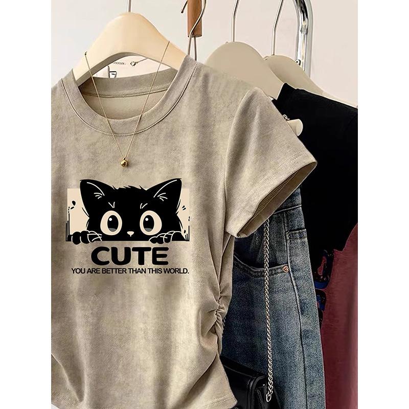 Pure cotton tie-dye cat short front shoulder short-sleeved t-shirt women's summer design niche slim top new