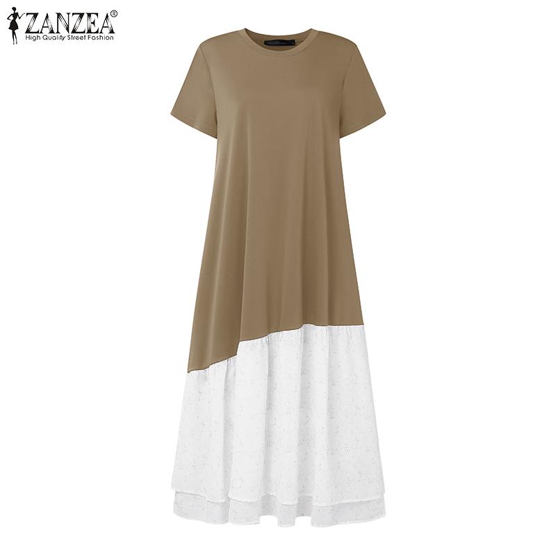 ZANZEA Women Casual Round Neck Short Sleeve Print Ruffled Patchwork Dress