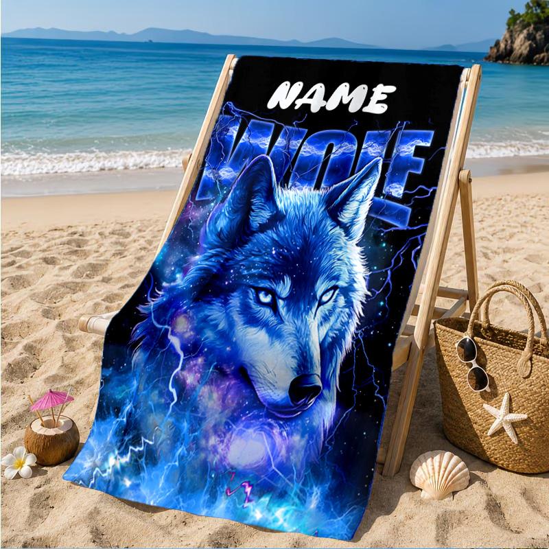 Personalisierbares Strandtuch mit Wolfsgeist-Motiv, Mikrofaser-Strandtuch, Leicht und Schnelltrocknend, für Sommerreisen, Schwimmbad-Geschenk