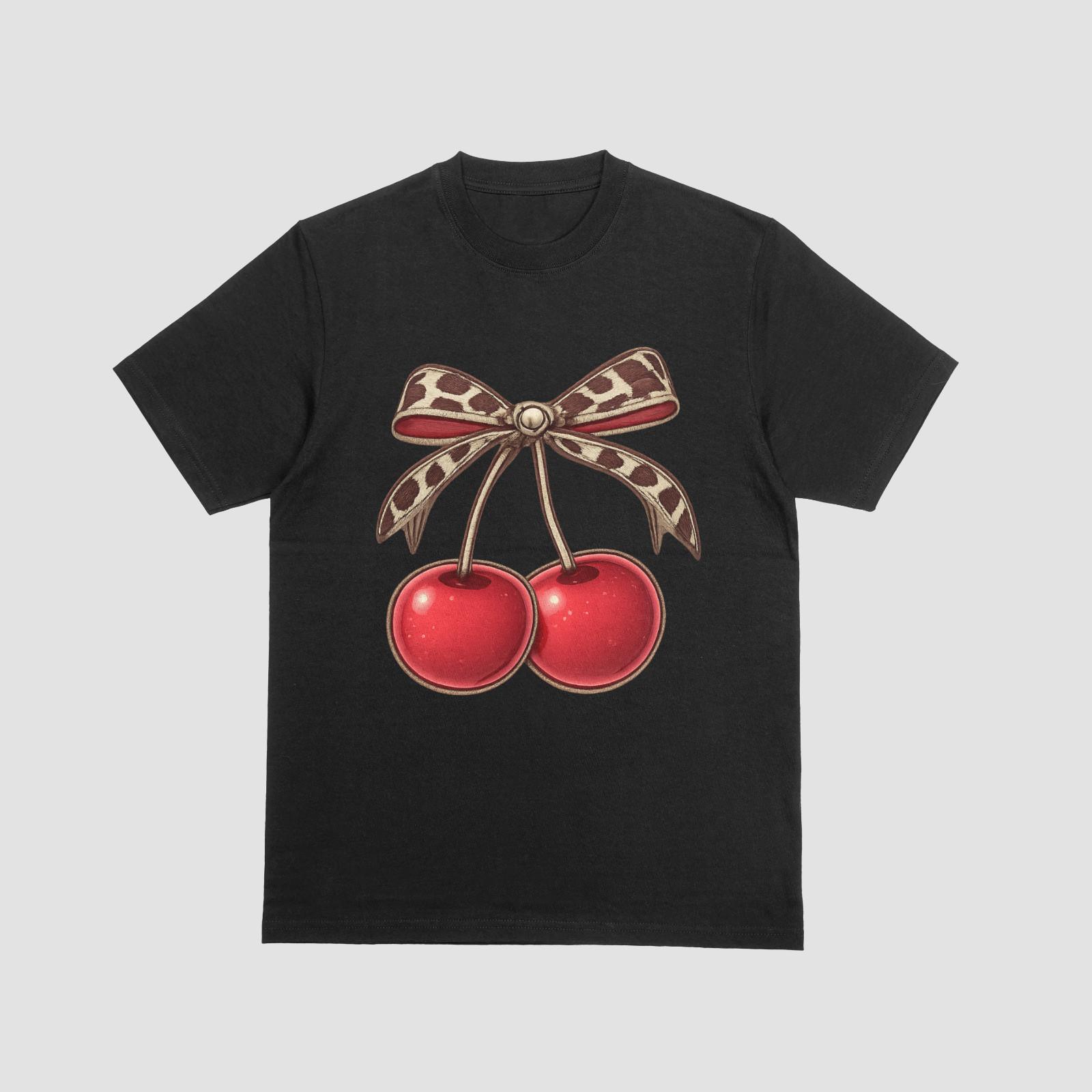 Leopard Bow Cherries T-Shirt | Cute Retro Cherry Graphic Tee for Women XL