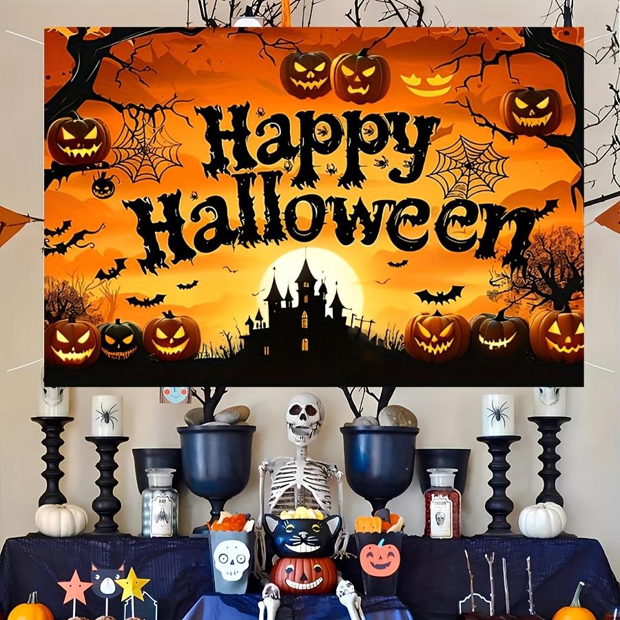 1pc Halloween Happy Party Background Cloth - Scary Pumpkins Bats and Mysterious Forest Scene.PMJ