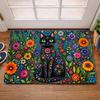 Cute Black Cat Floral Pattern Welcome Doormat Polyester Indoor Outdoor Rug Mat Cottagecore Bohemian Garden Decor for Front Door