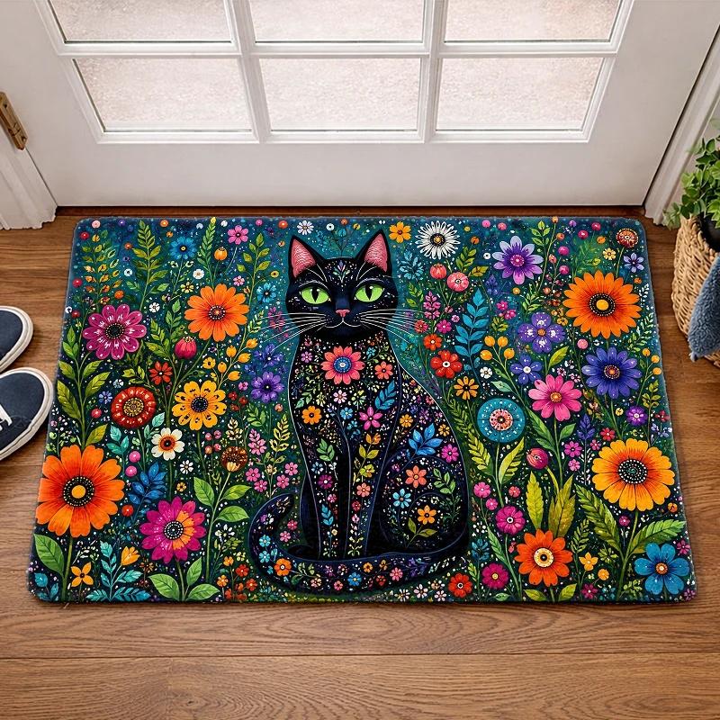Cute Black Cat Floral Pattern Welcome Doormat Polyester Indoor Outdoor Rug Mat Cottagecore Bohemian Garden Decor for Front Door