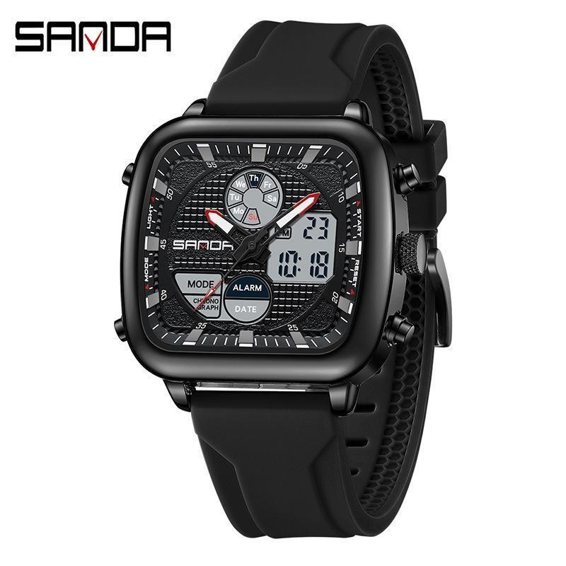 SANDA Retro Square Double Display Electronic Watch Night Light Waterproof Business Leisure Men's Watches Sports Silicone Strap Wristwatch