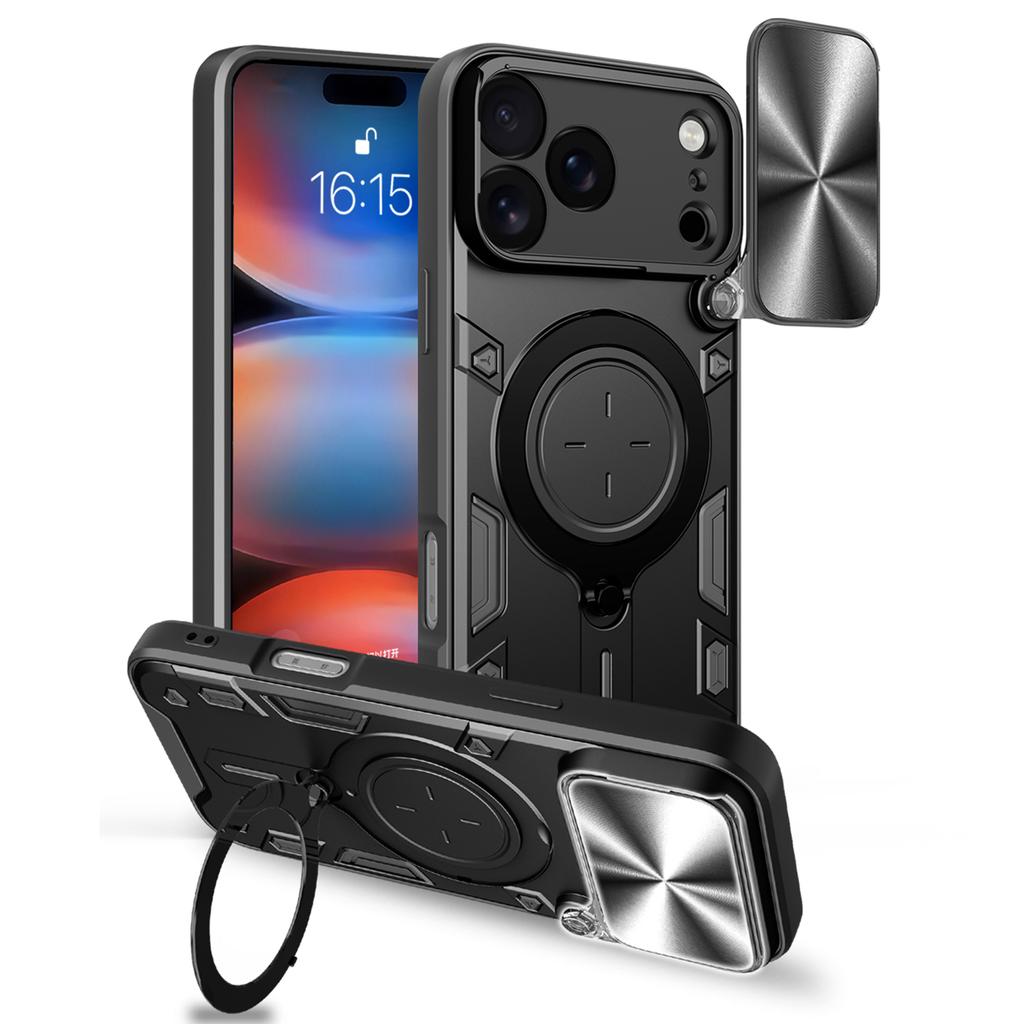 For iPhone 17 Pro Max Case TPU + PC Phone Cover with Kickstand , Slide Lens Window