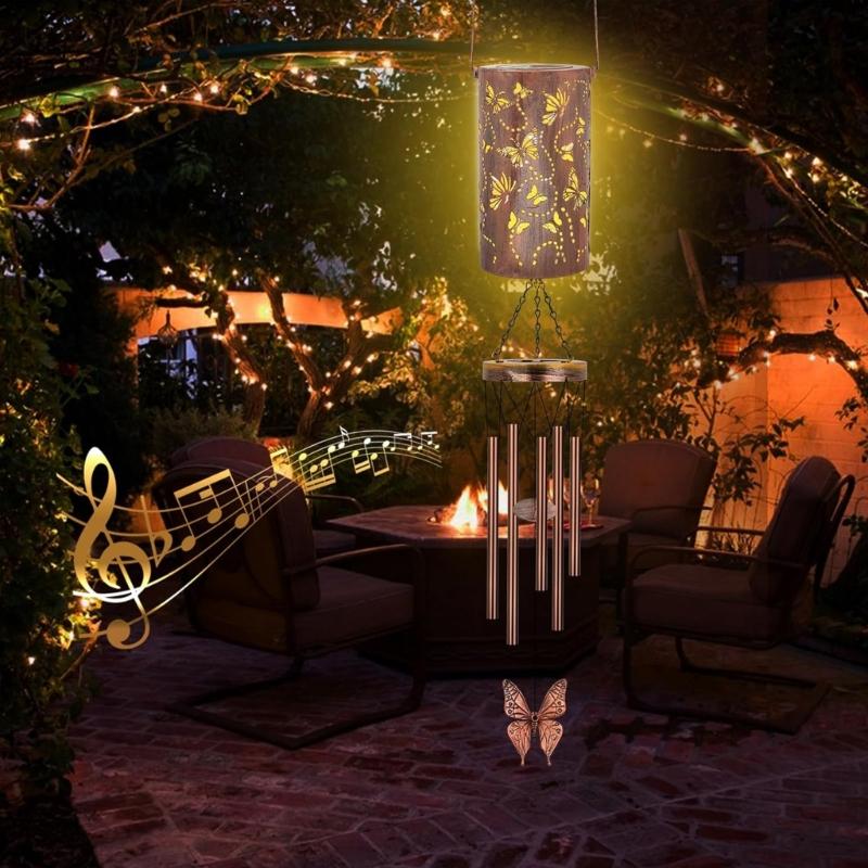 Artistic Elegant Solar Lighted Metal Butterfly Wind Chime Perfect For Garden Lawn Porch And Yard Decoration Tree Hanging