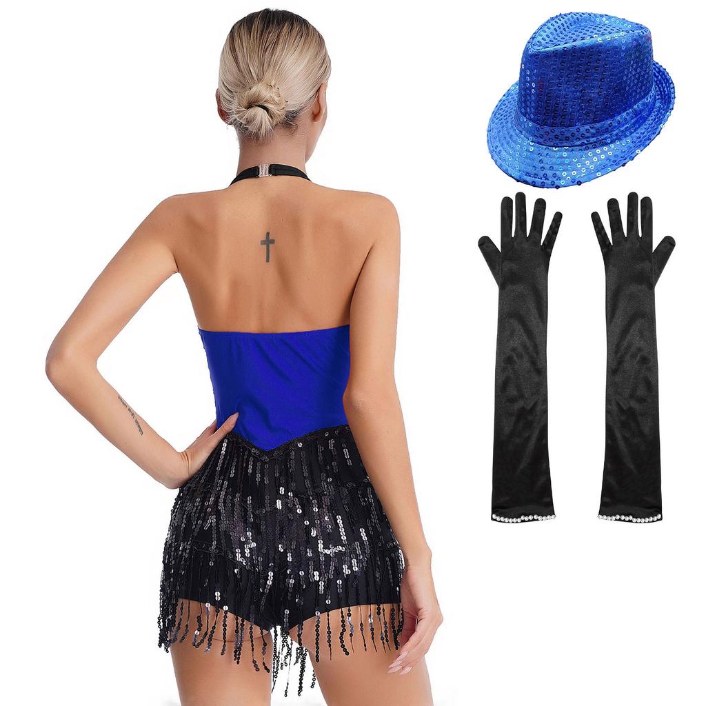 Womens Jazz Dance Outfit Halter Neck Backless Design Sparkly Sequins Fringe Jumpsuit Tassel Leotard