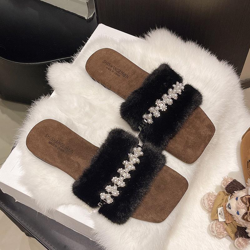 

Женская обувь на плоской подошве, французская универсальная пушистая обувь, новая осенне-зимняя обувь 2025 года, плюшевые хлопковые тапочки на мягкой подошве 40 чёрный